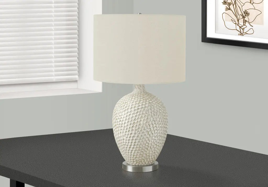 28" White and Silver Ceramic Round Table Lamp With Cream Drum Shade Homeroots Lighting