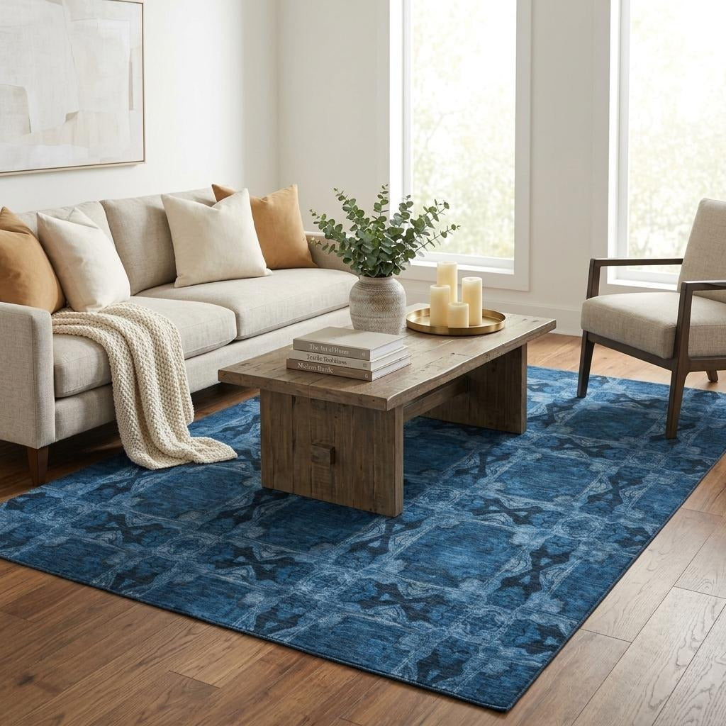 5' X 8' Navy Blue And Gray Geometric Shag Washable Area Rug With UV Protection - Home & Garden