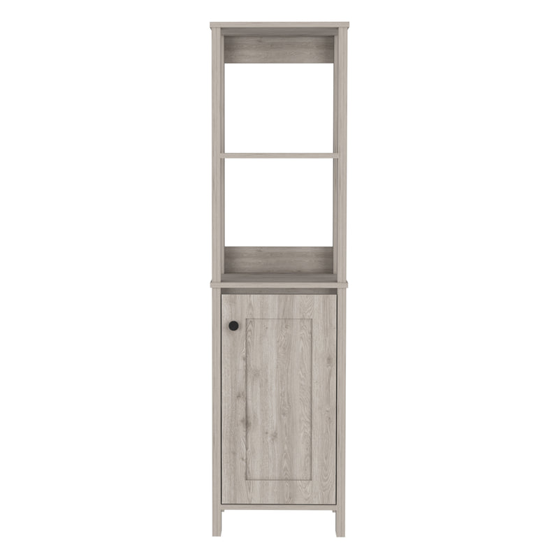 Light gray wooden cabinet with open shelving and a closed door, modern style for storage and display.