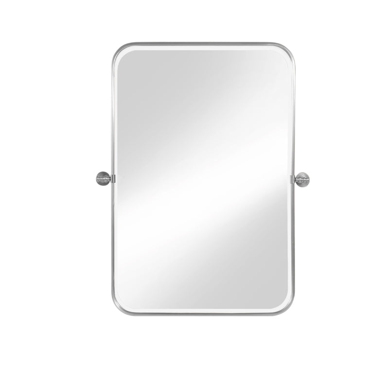 Wall-mounted rectangular bathroom mirror with rounded corners and light metal frame