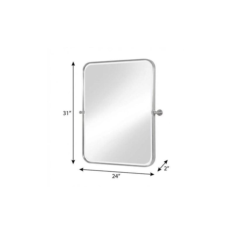 Rounded-rectangle bathroom vanity mirror with metal frame, 31 in tall and 24 in wide