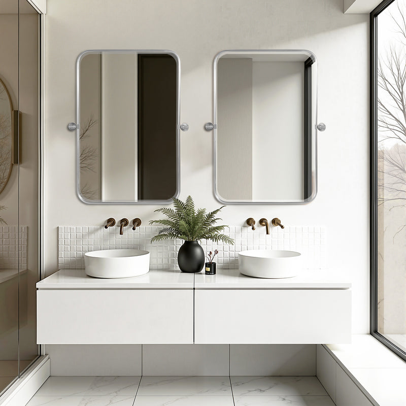 Set of two wall-mounted bathroom vanity mirrors with rounded rectangular light metal frames