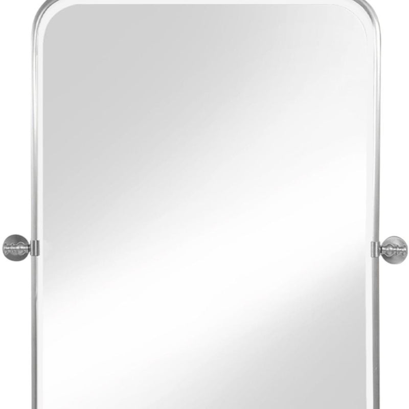 Close-up vanity mirror with rounded-rectangle shape and light metal mounting hardware