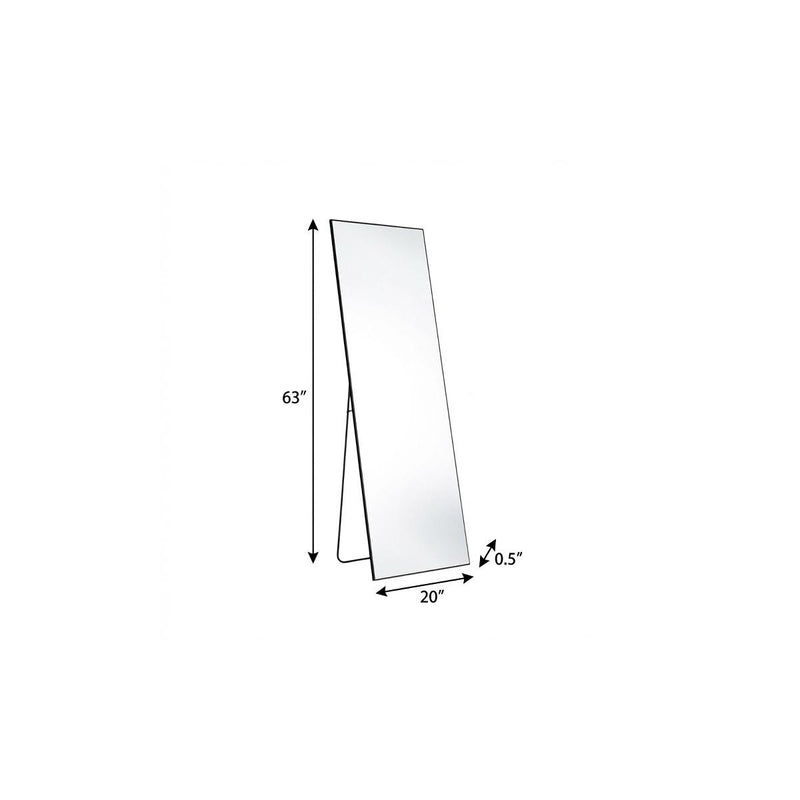 Black metal framed leaning standing mirror with size diagram and 20 in base depth