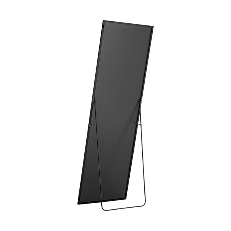 Black metal framed standing mirror with dark glass and angled support legs