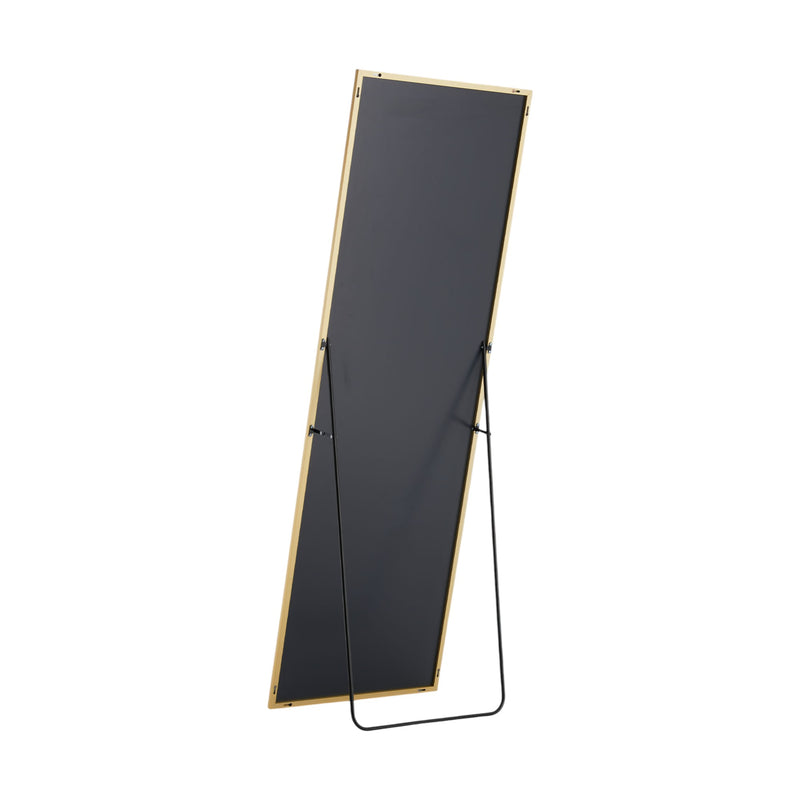 Gold metal-framed standing mirror with black stand legs, full-length view