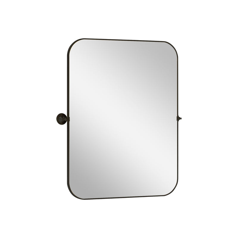 Black metal framed rectangular bathroom mirror with rounded corners and side brackets