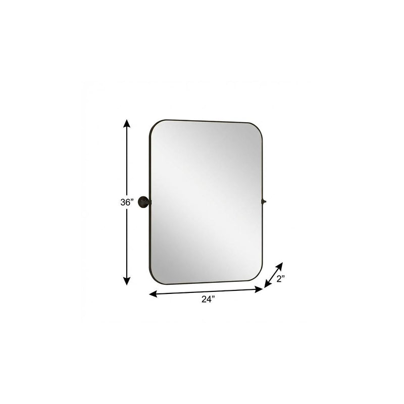 Black metal framed bathroom mirror, 36 in height by 24 in width, wall mount