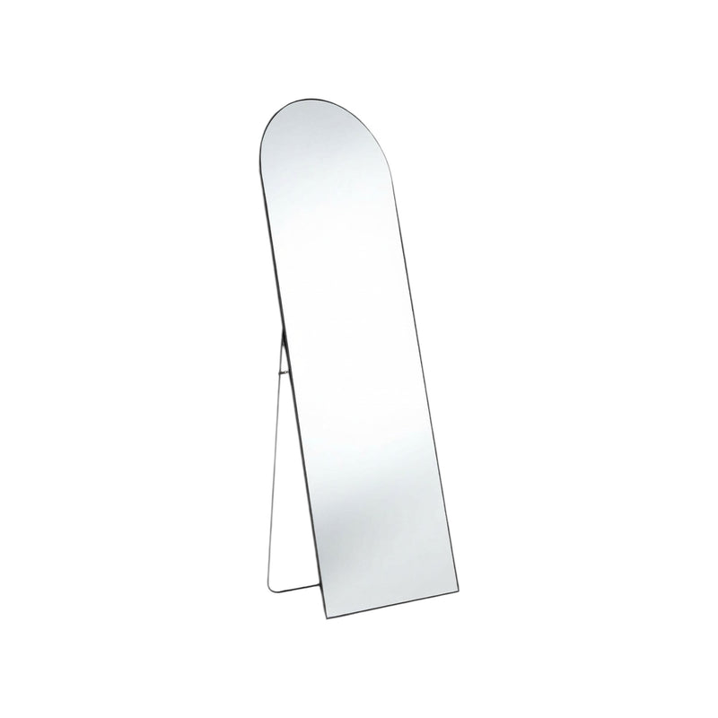 Black metal arched leaning mirror with side support legs and full-length glass
