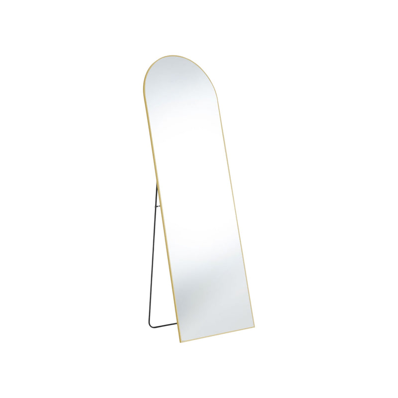 Gold-framed arched mirror shown from side with slim stand supports