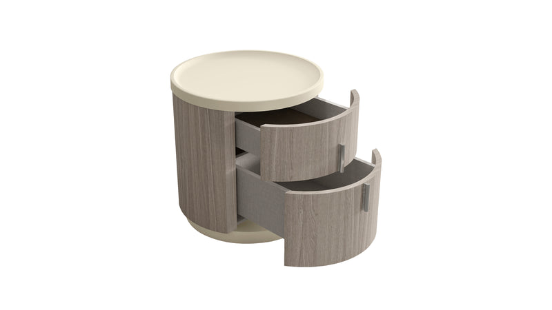 Round nightstand with beige top; two open pull-out drawers, oak wood finish
