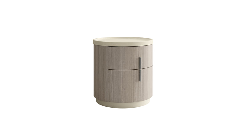 Round two-drawer nightstand with beige top and oak wood finish, vertical pull handle