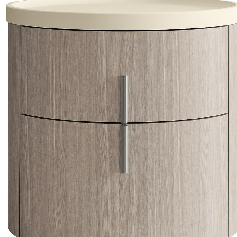 Oak wood two-drawer nightstand with beige top and vertical metal pull
