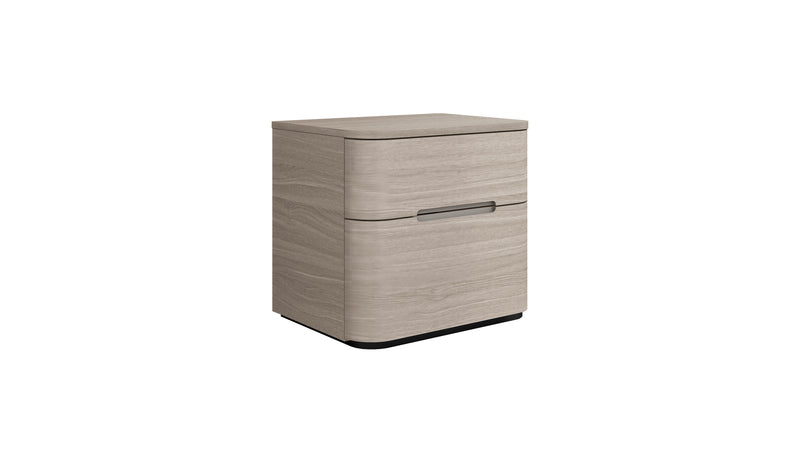 Beige wood nightstand with single drawer and horizontal bar pull handle.