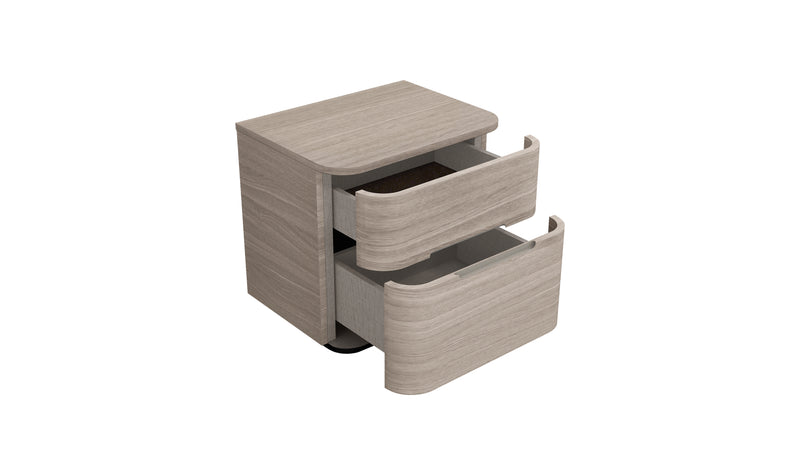 Beige wood nightstand with two stacked drawers; one extended, metal bar handles.