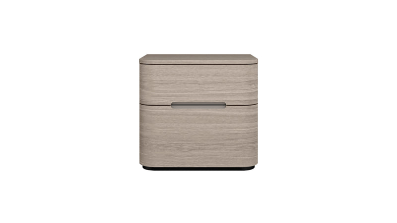 Beige wood nightstand with single drawer and centered bar pull handle.