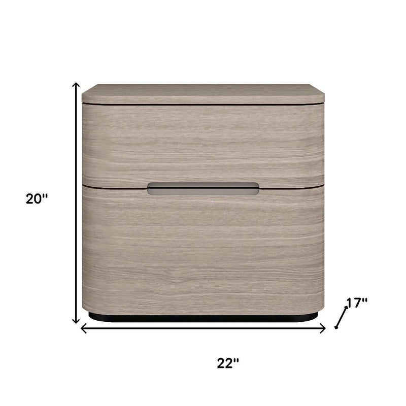 Beige wood nightstand with drawer; shown as 20 in high, 17 in deep, 22 in wide.