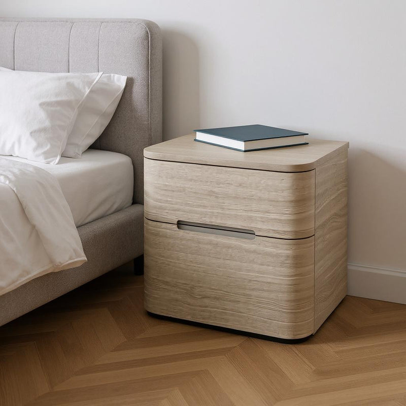 Beige wood nightstand with two drawers and black bar pull handles.