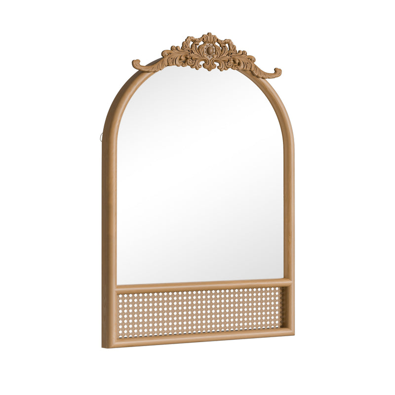 Full arched wall mirror with decorative scroll top, brown frame, and perforated rattan panel