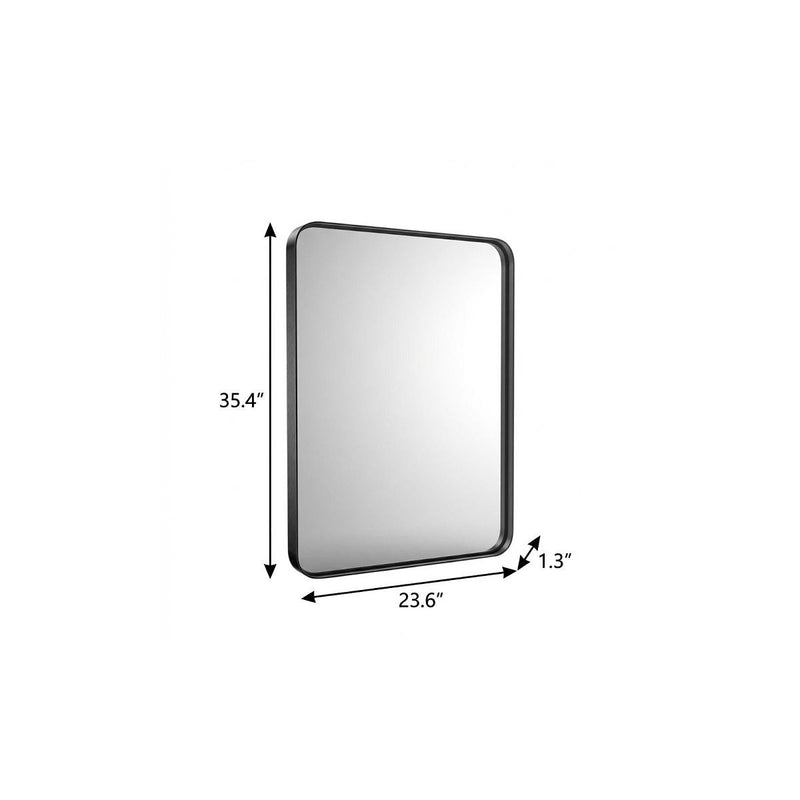 Black metal framed bathroom mirror, 35.4" x 23.6", rounded corners.