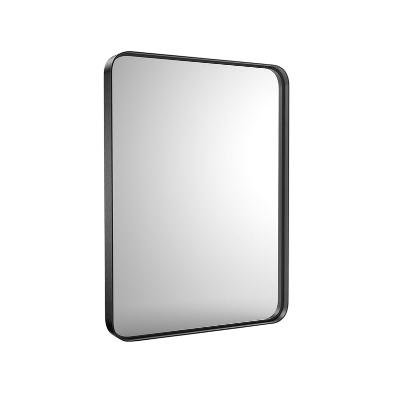 Rectangular black metal bathroom mirror with rounded corners.