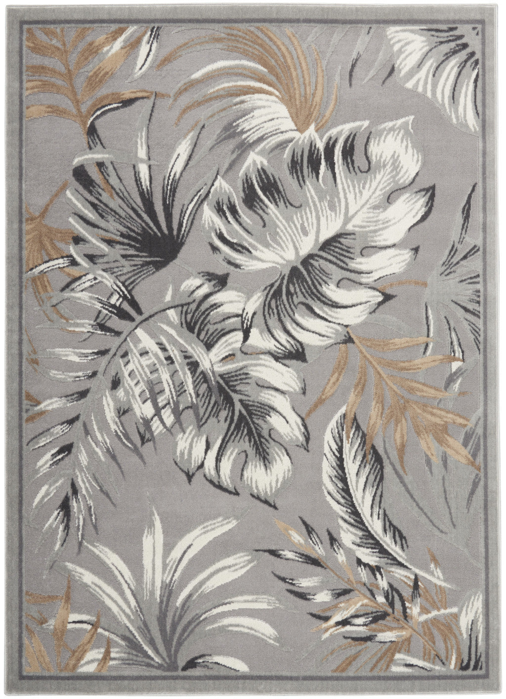 5' X 7' Gray Black And Tan Botanical Leaves Area Rug - Home & Garden
