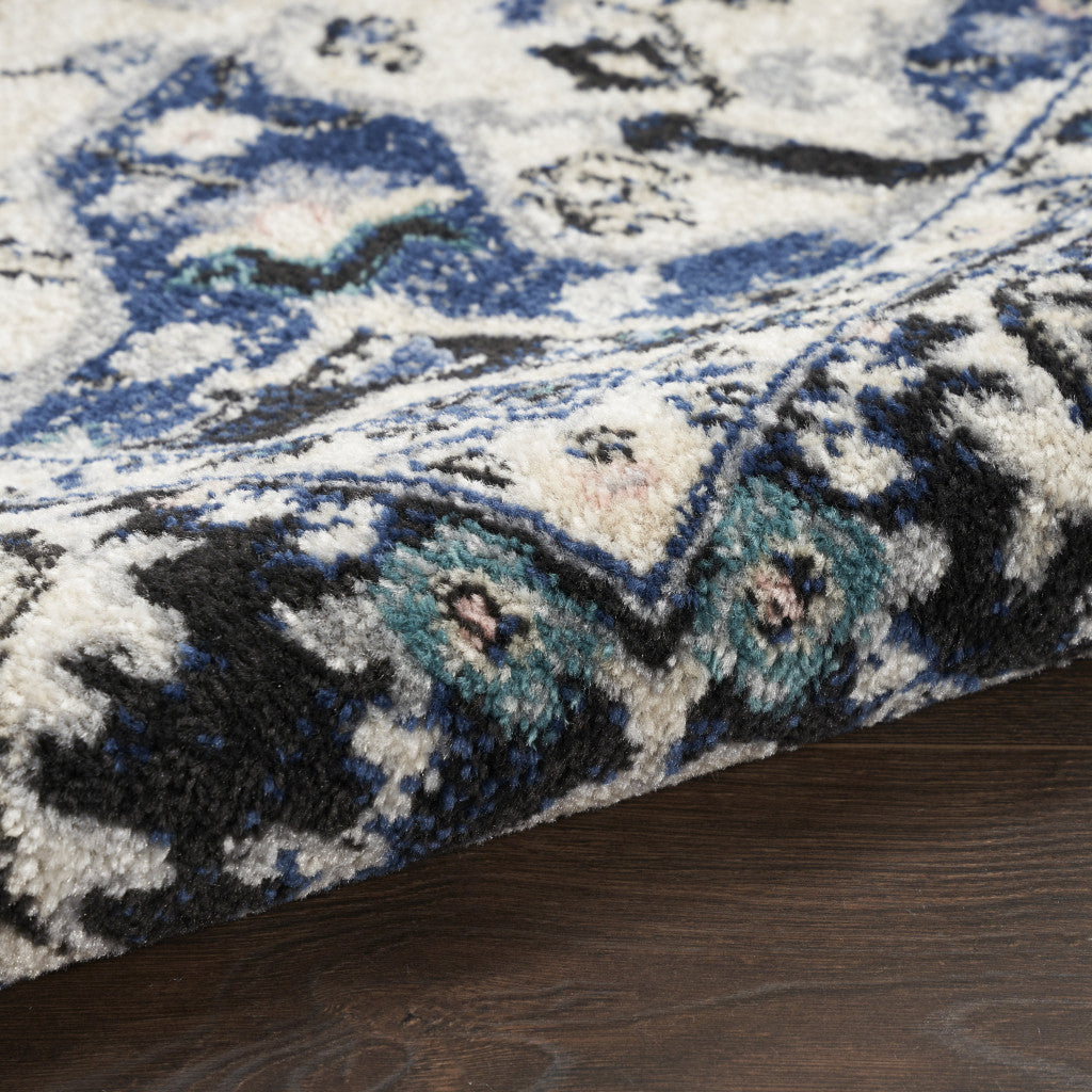 10' Black Ivory And Blue Floral Runner Rug - Home & Garden