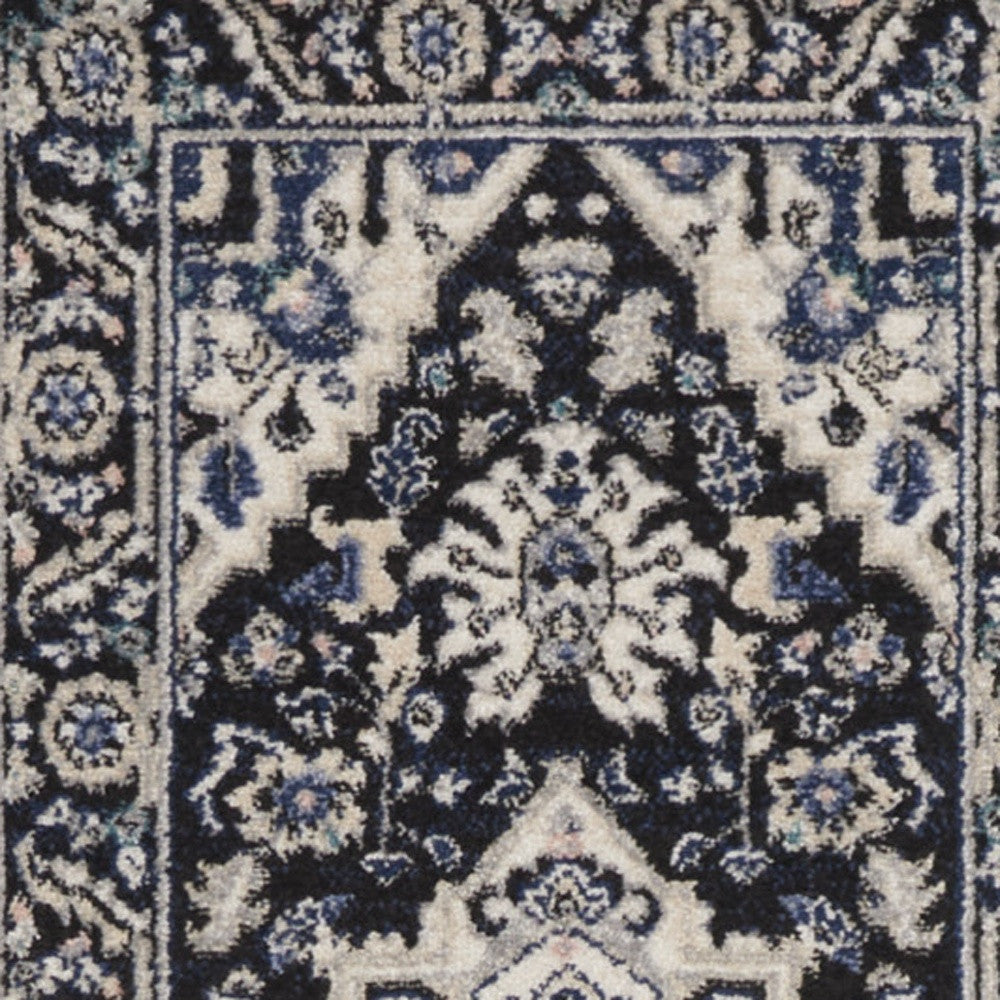 10' Black Ivory And Blue Floral Runner Rug - Home & Garden