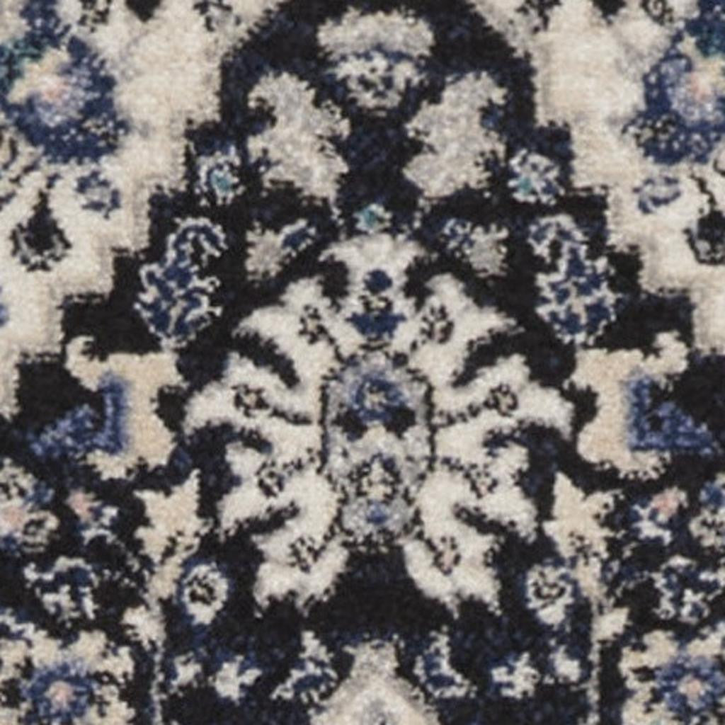 10' Black Ivory And Blue Floral Runner Rug - Home & Garden