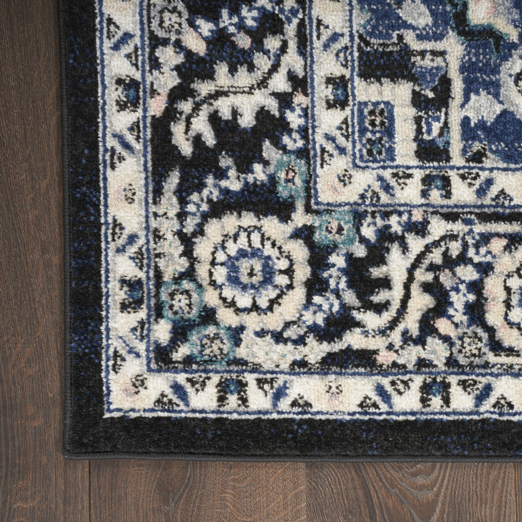 10' Black Ivory And Blue Floral Runner Rug - Home & Garden
