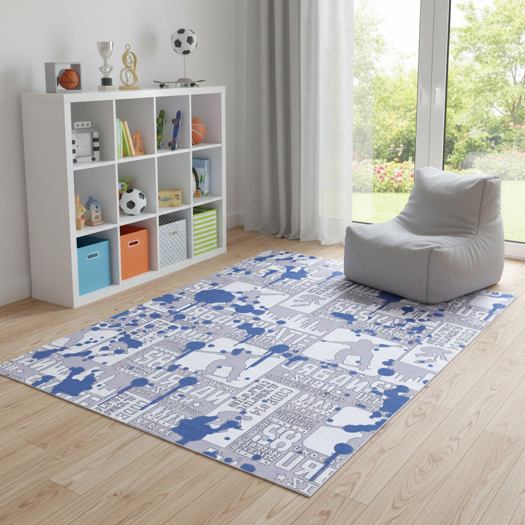 4' X 5' Blue And Gray Skateboard Youthful Area Rug - Home & Garden