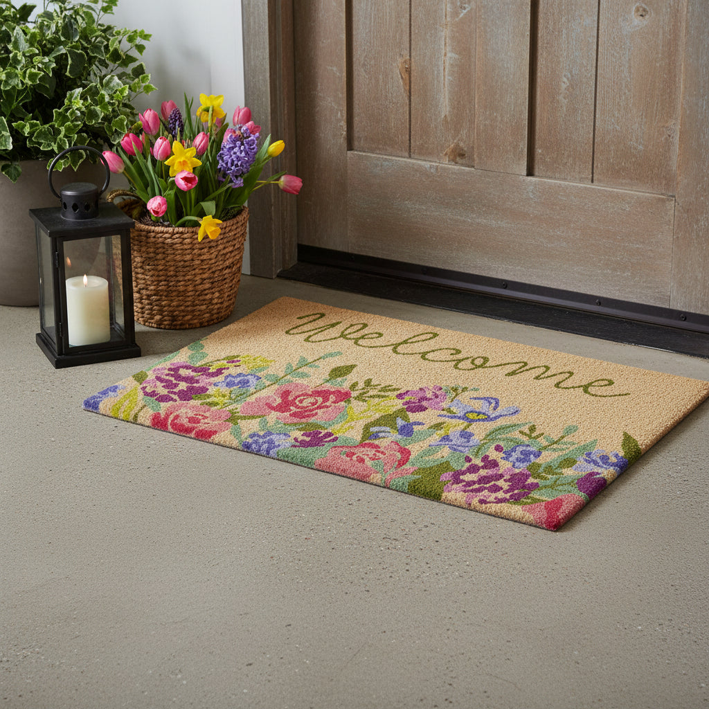 18" X 30" Brown Green And Pink Floral Welcome Outdoor Coir Door Mat - Home & Garden