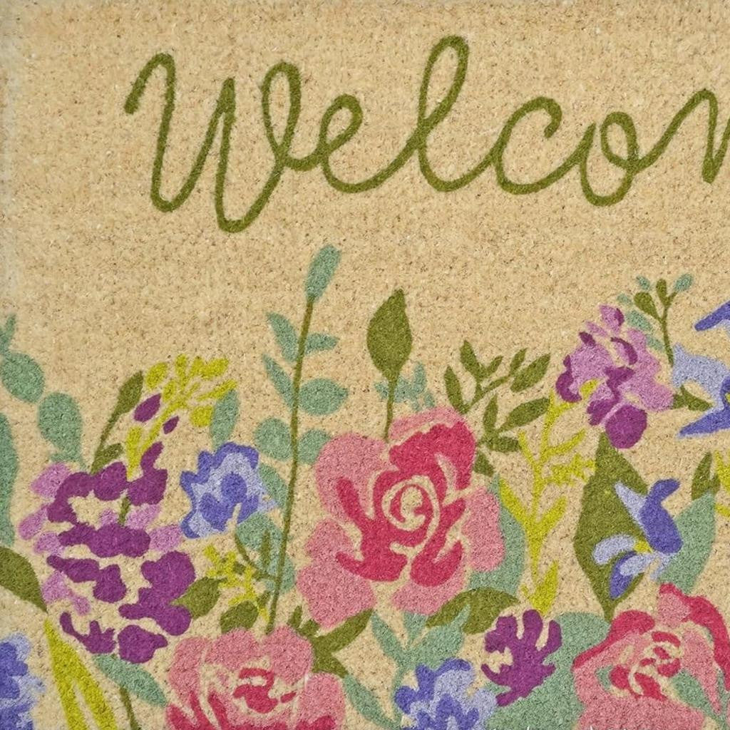 18" X 30" Brown Green And Pink Floral Welcome Outdoor Coir Door Mat - Home & Garden