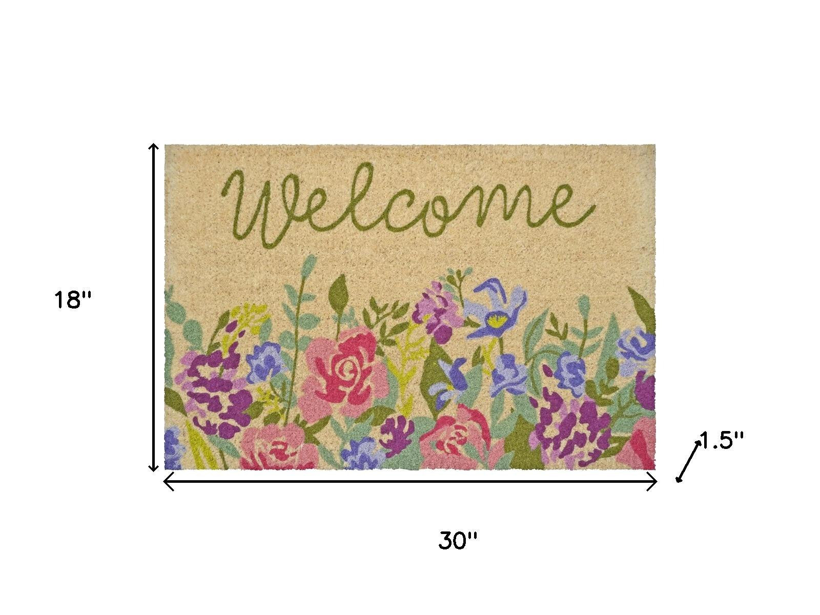 18" X 30" Brown Green And Pink Floral Welcome Outdoor Coir Door Mat - Home & Garden