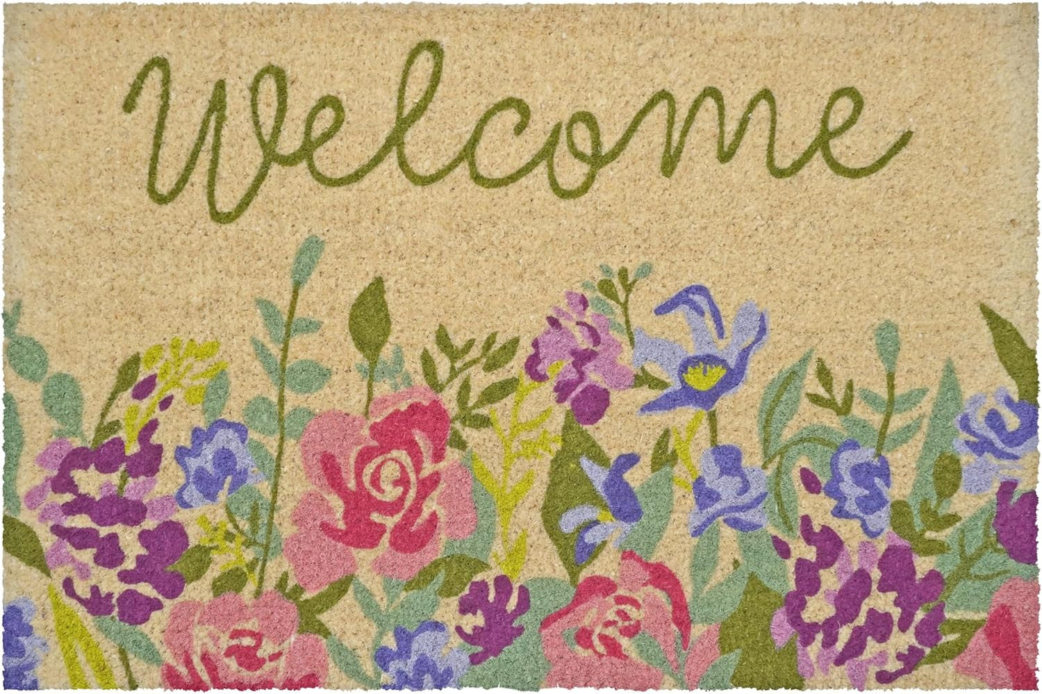18" X 30" Brown Green And Pink Floral Welcome Outdoor Coir Door Mat - Home & Garden