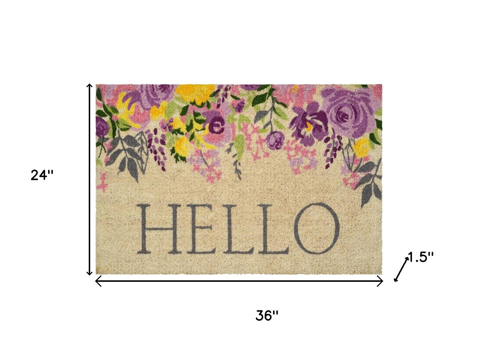 24" X 36" Brown Gray And Purple Floral Hello Outdoor Coir Door Mat - Home & Garden