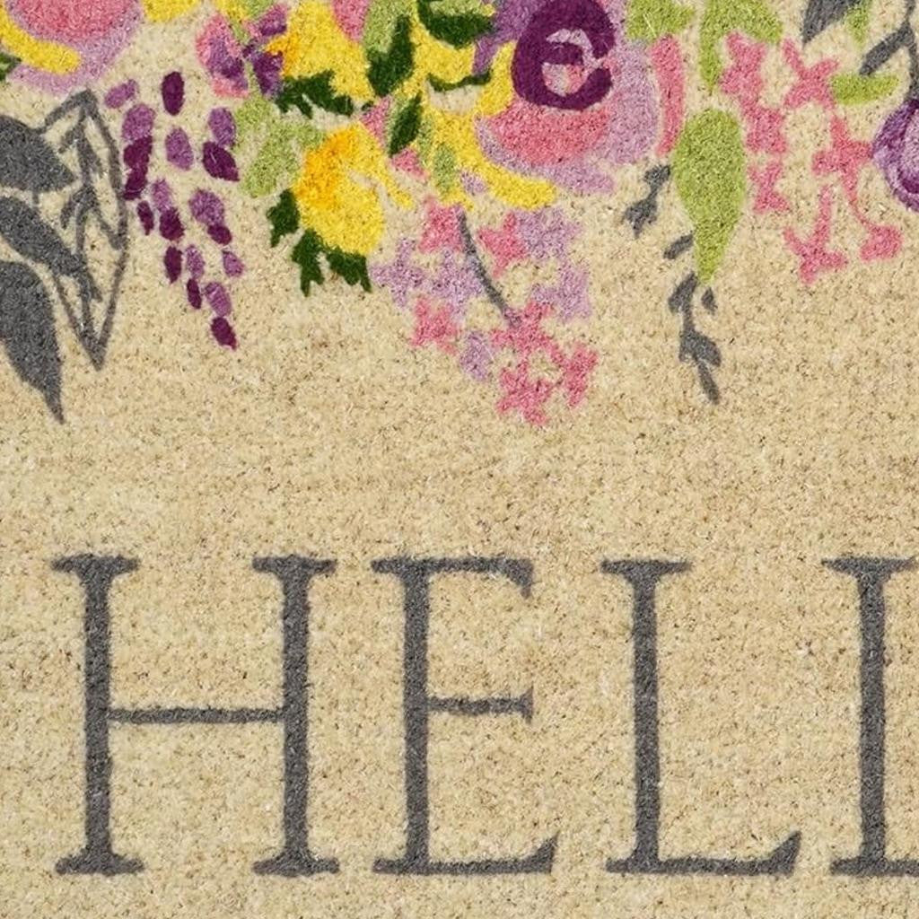 24" X 36" Brown Gray And Purple Floral Hello Outdoor Coir Door Mat - Home & Garden