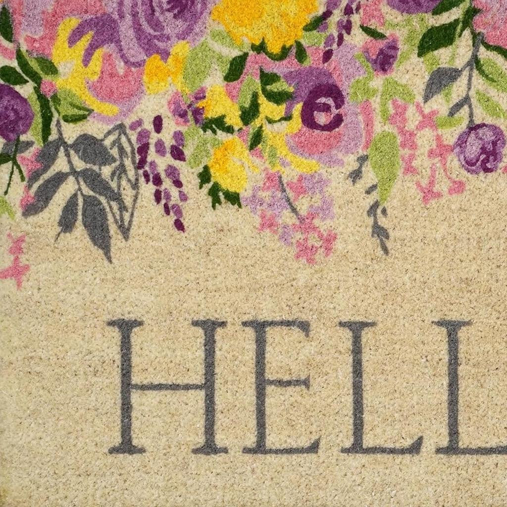 24" X 36" Brown Gray And Purple Floral Hello Outdoor Coir Door Mat - Home & Garden