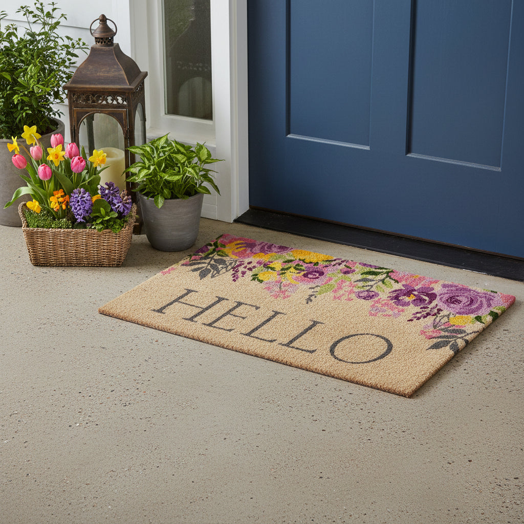 24" X 36" Brown Gray And Purple Floral Hello Outdoor Coir Door Mat - Home & Garden