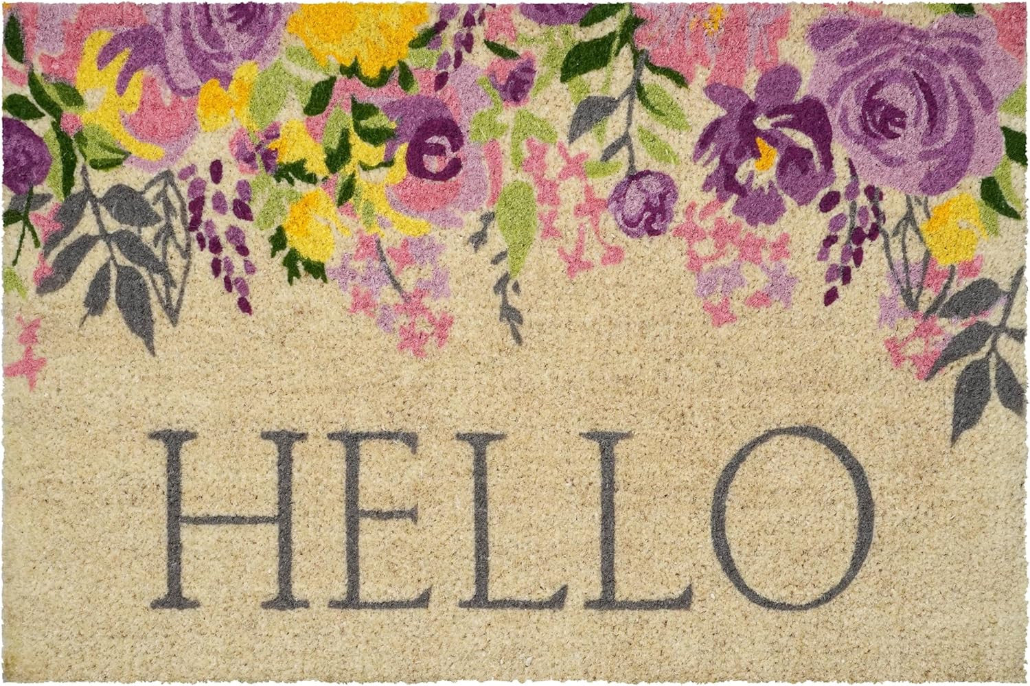 24" X 36" Brown Gray And Purple Floral Hello Outdoor Coir Door Mat - Home & Garden