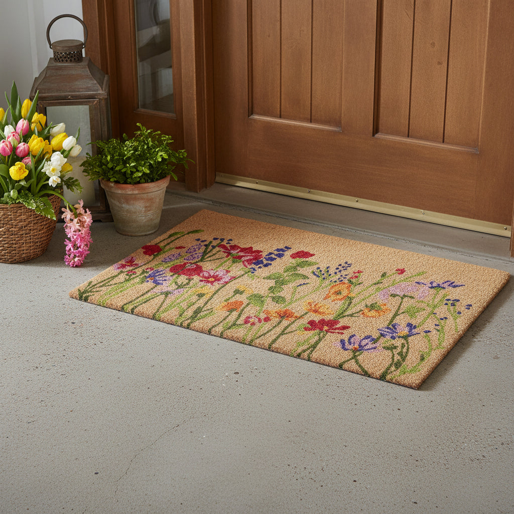 24" X 36" Brown Green And Purple Floral Outdoor Coir Door Mat - Home & Garden