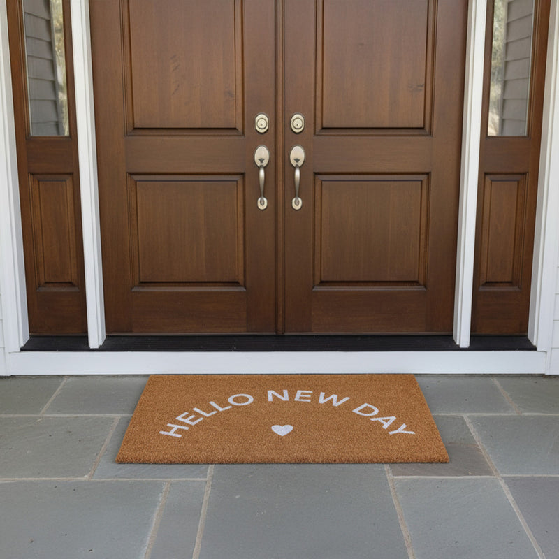 17" X 29" Brown And White Hello New Day Outdoor Coir Door Mat - Home & Garden