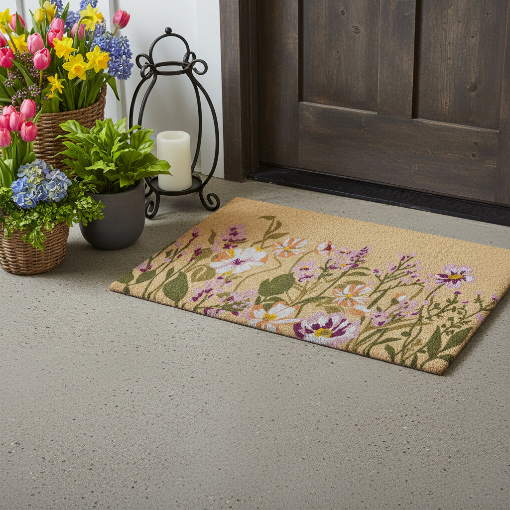 24" X 36" Brown Green And Purple Floral Outdoor Coir Door Mat - Home & Garden