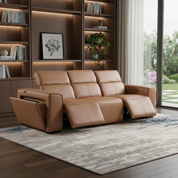 104" Chestnut Italian Leather Reclining USB Sofa And Storage - Living Room