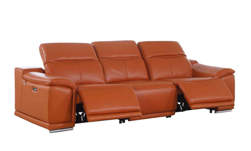 107" Camel Italian Leather Reclining USB Sofa - Living Room