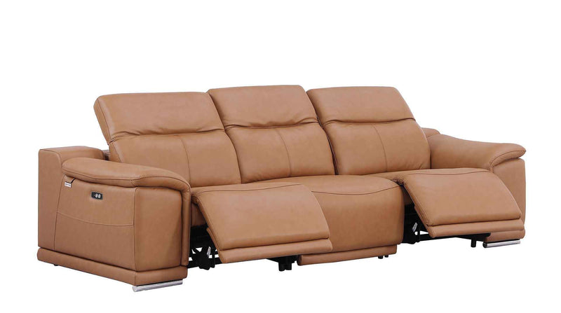 107" Chestnut Italian Leather Reclining USB Sofa - Living Room