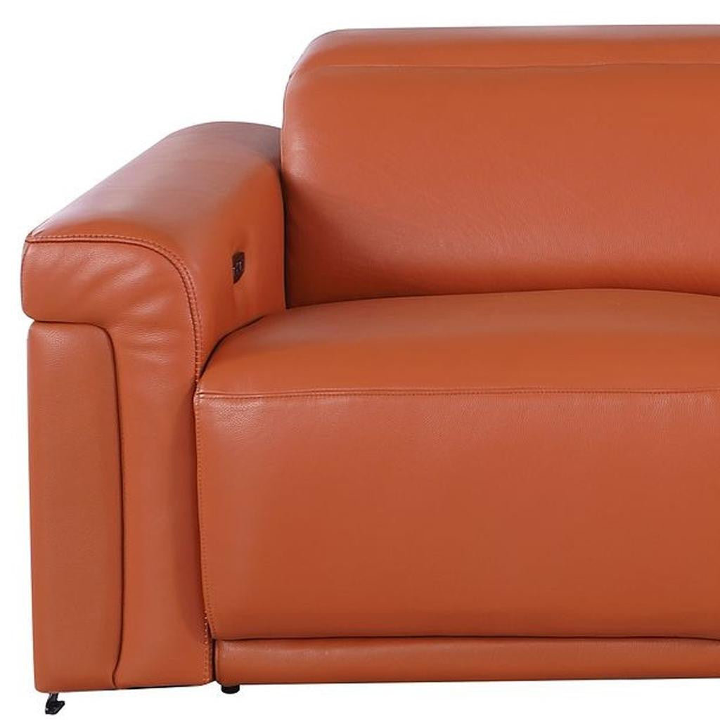 100" Camel Italian Leather Reclining USB Sofa - Living Room
