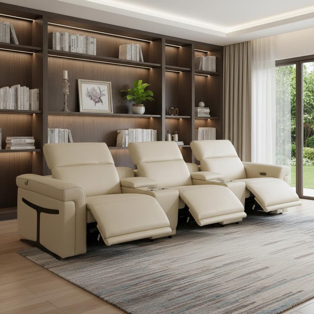 126" Beige Italian Leather Reclining USB and Wireless Charger Sofa And Storage - Living Room