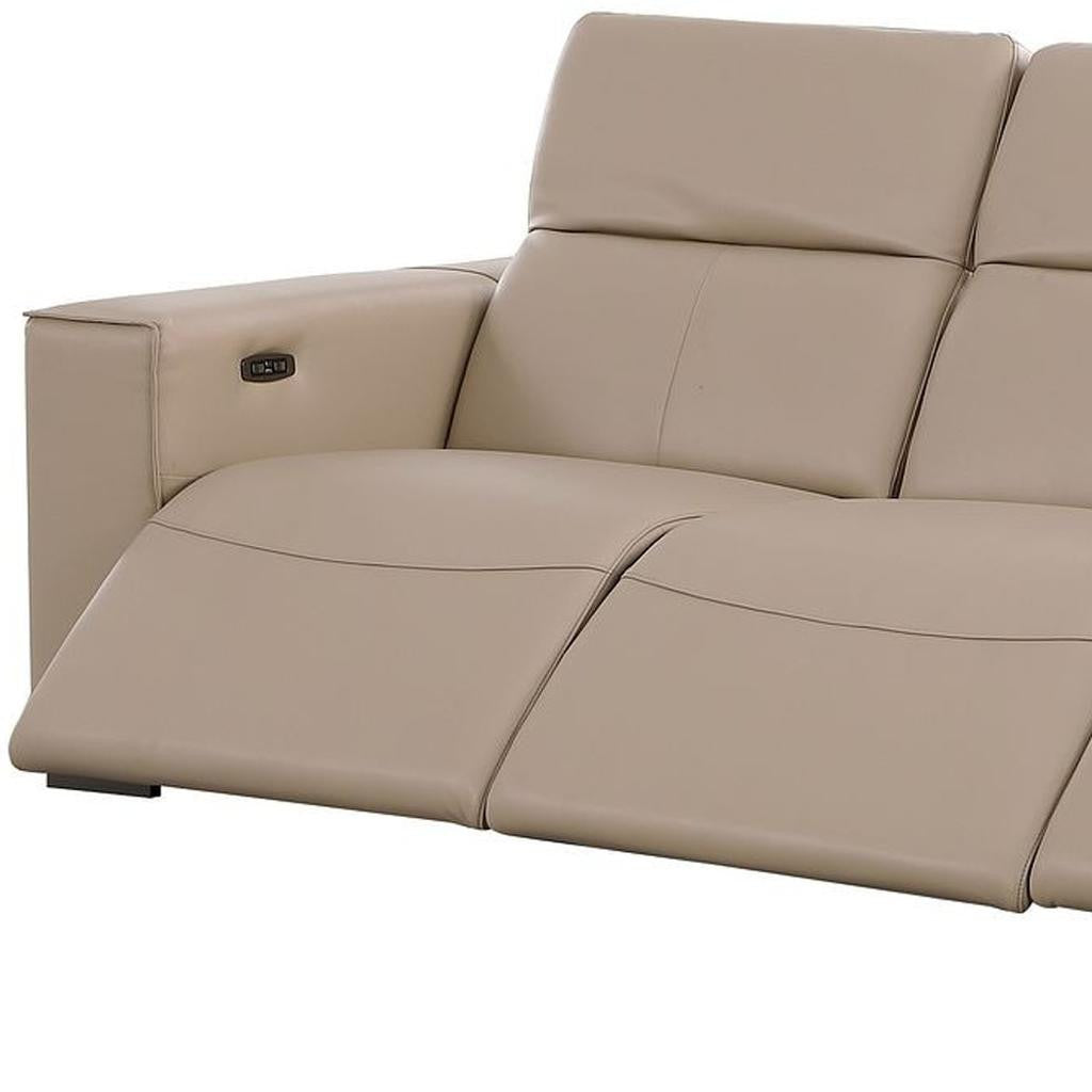 110" Beige Top Grain Leather Reclining USB Sofa - Living Room