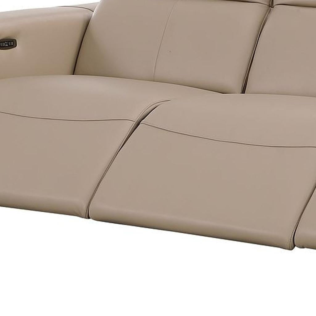 110" Beige Top Grain Leather Reclining USB Sofa - Living Room